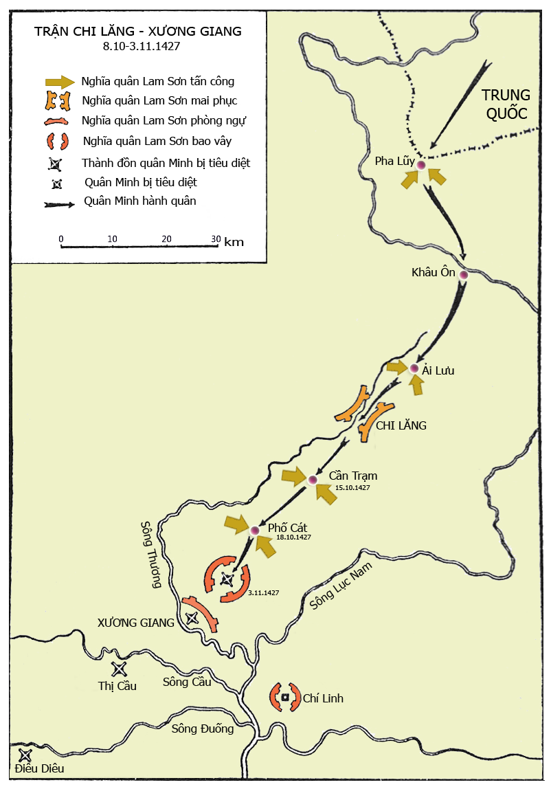 Battle map of Chi Lăng – Xương Giang, 1427, showing the Lam Sơn army ambushing the Ming columns